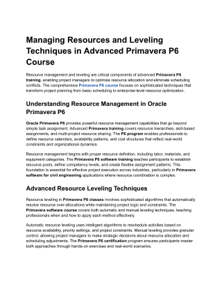 Managing Resources and Leveling Techniques in Advanced Primavera P6 Course
