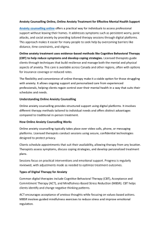 Anxiety Counselling Online, Online Anxiety Treatment for Effective Mental Health Support