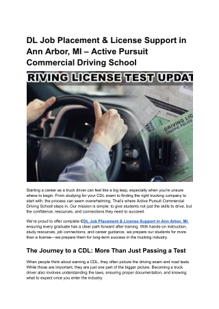 DL Job Placement & License Support in Ann Arbor, MI – Active Pursuit Commercial Driving School