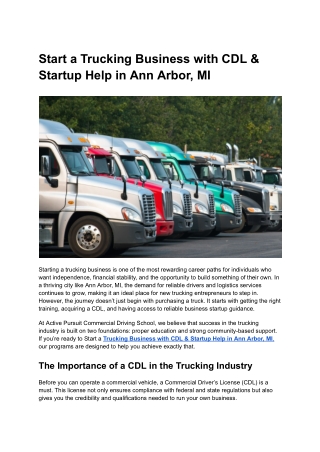 Start a Trucking Business with CDL & Startup Help in Ann Arbor, MI