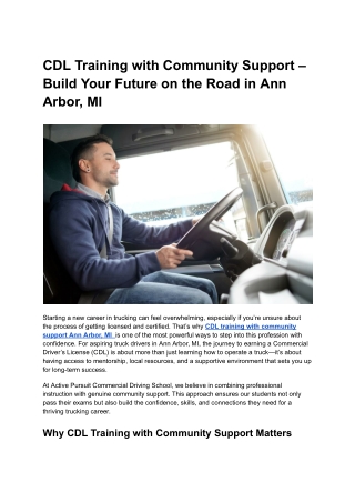 CDL Training with Community Support – Build Your Future on the Road in Ann Arbor, MI
