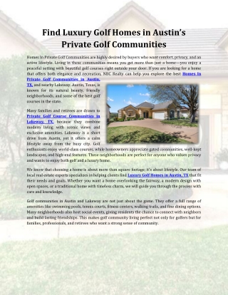 Find Luxury Golf Homes in Austin’s Private Golf Communities