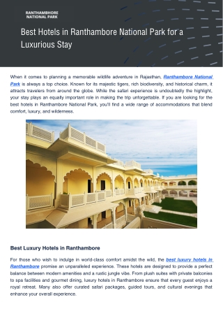 Explore the Best Luxury Hotels in Ranthambore for Safari Travelers