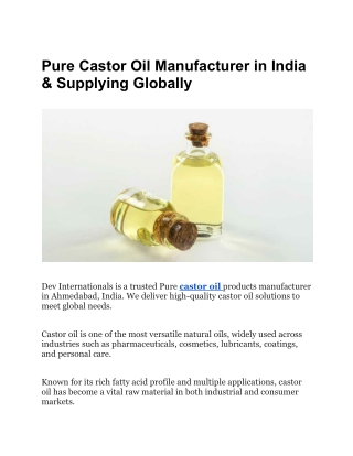Pure Castor Oil Manufacturer in India & Supplying Globally