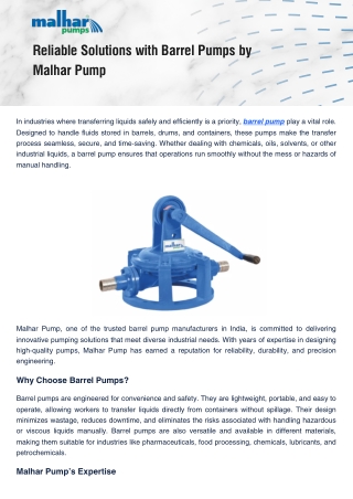 Barrel Pump by Malhar Pump – High-Performance Industrial Applications India