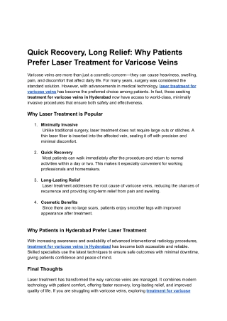 Quick Recovery, Long Relief: Why Patients Prefer Laser Treatment for Varicose Ve