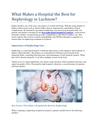 What Makes a Hospital the Best for Nephrology in Lucknow