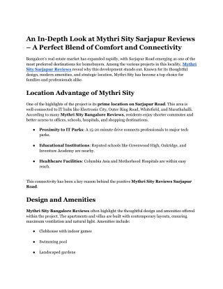 An In-Depth Look at Mythri Sity Sarjapur Reviews – A Perfect Blend of Comfort and Connectivity