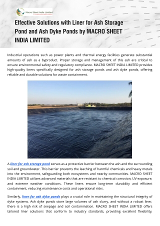 High-Quality Liner for Ash Dyke Ponds Ensuring Safe Waste Containment