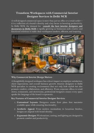 Transform Workspaces with Commercial Interior Designer Services in Delhi NCR