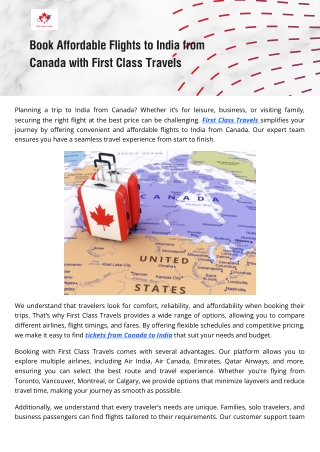 Cheap Tickets from Canada to India Booking Online – First Class Travels