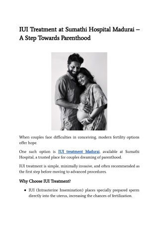 IUI Treatment at Sumathi Hospital Madurai – A Step Towards Parenthood