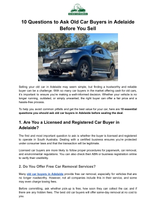 10 Questions to Ask Old Car Buyers in Adelaide Before You Sell