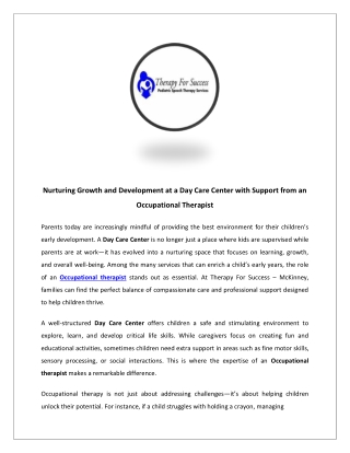 Nurturing Growth and Development at a Day Care Center with Support from an Occup