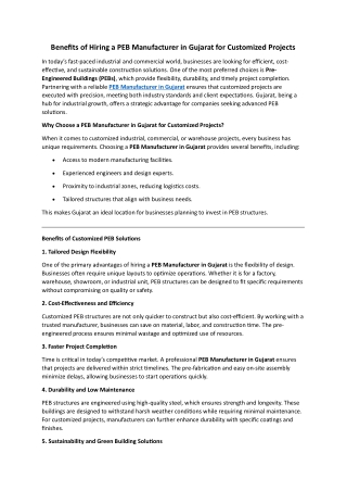 Benefits of Hiring a PEB Manufacturer in Gujarat for Customized Projects