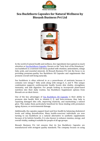 Sea Buckthorn Capsules for Natural Wellness by Biosash Business Pvt Ltd