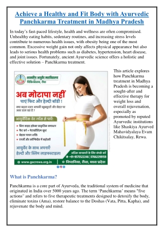 Achieve a Healthy and Fit Body with Ayurvedic Panchkarma Treatment in Madhya Pra