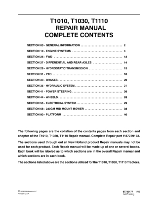 New Holland T1110 Tractor Service Repair Manual Instant Download