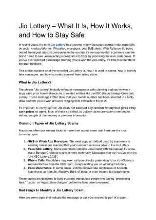 Jio Lottery – What It Is, How It Works, and How to Stay Safe