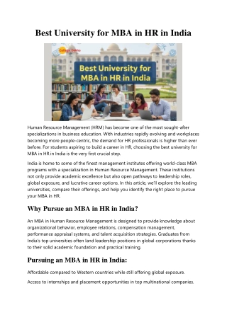 Best University for MBA in HR in India