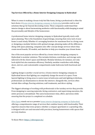 Top Services Offered by a Home Interior Designing Company in Hyderabad