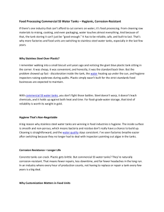 Food Processing Commercial SS Water Tanks