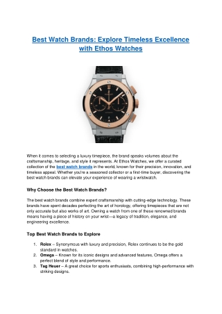 Best Watch Brands - Explore Timeless Excellence with Ethos Watches