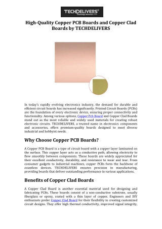 High-Quality Copper PCB Boards and Copper Clad Boards by TECHDELIVERS