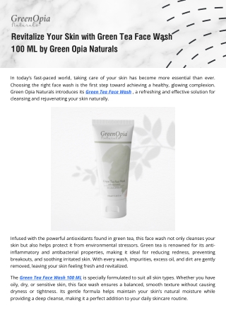 Refresh Your Skin with the Best Green Tea Face Wash – Gentle & Effective