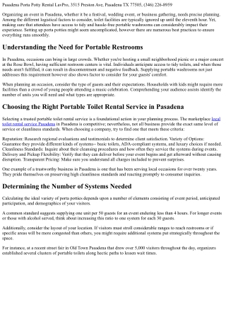 Finest Practices for Setting Up Porta Potties at Your Pasadena Occasion