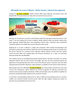 Affordable Car Loans in Bikaner - Mehar Finance | Quick & Easy Approval