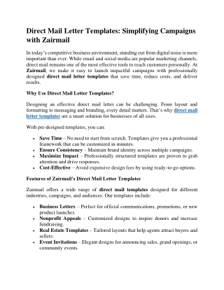 Direct Mail Letter Templates - Simplifying Campaigns with Zairmail