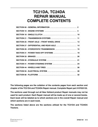 New Holland TC24DA Tractor Service Repair Manual Instant Download