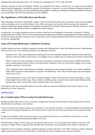 Portable Bathroom Rentals for Sporting Occasions in Pasadena: What You Required