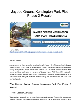 Jaypee Greens Kensington Park Plot Phase 2 Resale