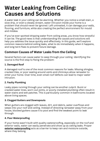 Water Leaking from Ceiling Causes and Solutions