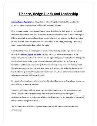 Finance, Hedge Funds and Leadership