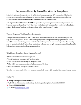 Corporate Security Guard Services in Bangalore