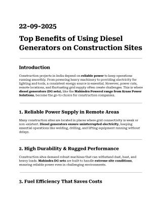 Top Benefits of Using Diesel Generators on Construction Sites