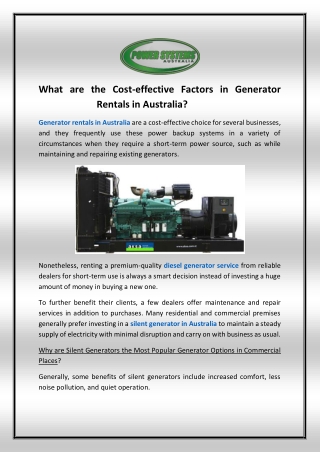 What are the Cost-effective Factors in Generator Rentals in Australia?