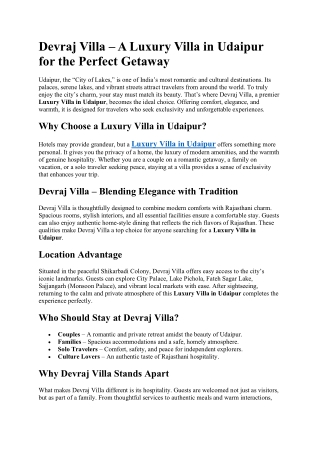 Devraj Villa – A Luxury Villa in Udaipur for the Perfect Getaway