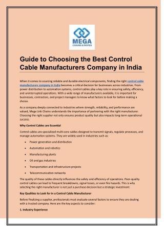 Guide to Choosing the Best Control Cable Manufacturers Company in India