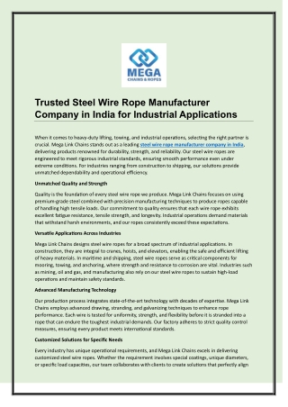 Trusted Steel Wire Rope Manufacturer Company in India for Industrial Applications