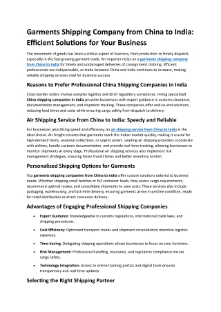 Garments Shipping Company from China to India- Efficient Solutions for Your Business