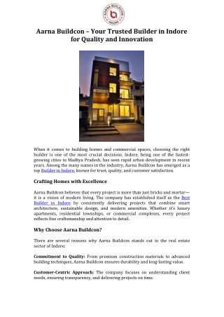 Aarna Buildcon – Your Trusted Builder in Indore for Quality and Innovation