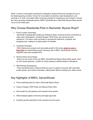 Residential plots for sale in Ramohalli Mysore Road