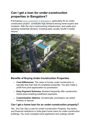 Can I get a loan for under-construction properties in Bangalore