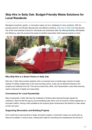 Skip Hire in Selly Oak Budget-Friendly Waste Solutions for Local Residents