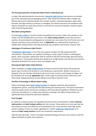 The Growing Importance of Industrial Inkjet Printers in Manufacturing