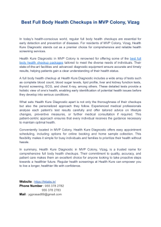 Best Full Body Health Checkups in MVP Colony, Vizag